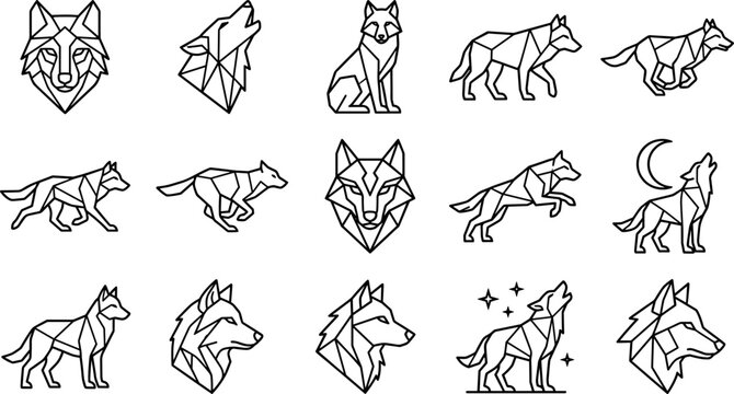 Geometric Wolf Collection: Line Art Icons of Wolves in Various Poses