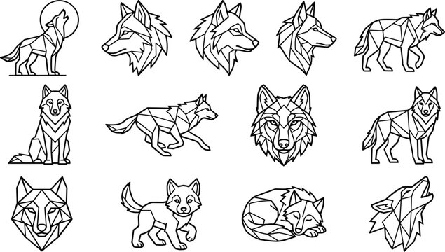 Geometric Wolf Collection: Line Art Illustrations of Wolves in Various Poses