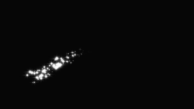 Fairy sparkle animation, glowing white glitter stars, elegant shimmer trail, seamless magic particles, black background, 4k luxury twinkle effect, glowing light motion, sparkling doodles