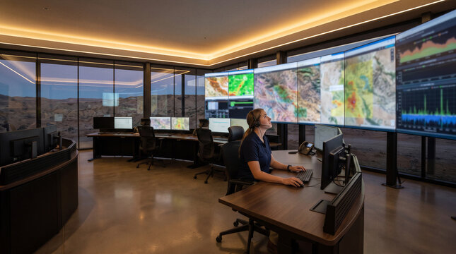 Remote industrial control center female operator monitoring vehicle telemetry maps on large curved screens modern workplace safety security technology concept