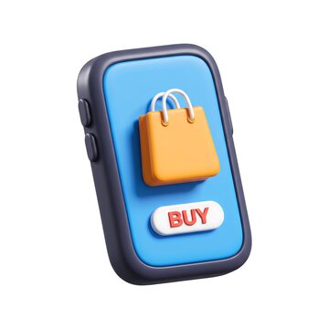 3D shopping app icon on smartphone with orange paper bag and buy button e commerce shopping