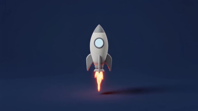 A white rocket ship launching with bright orange flames against a dark blue background.