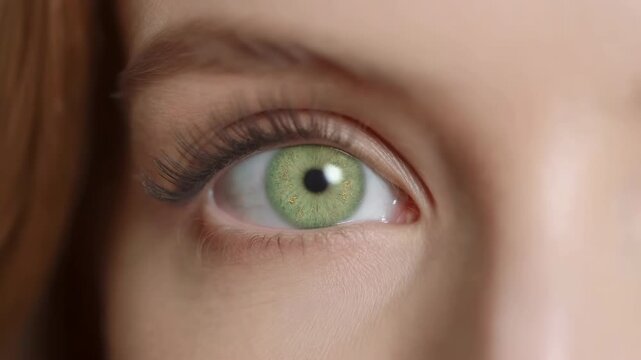 Extreme close-up left human eye opening from relaxed state to attentive gaze, showing green iris, dark pupil, long curled eyelashes, soft frontal-left light, subtle skin texture