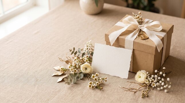 Beautifully arranged gift box adorned with flowers and an empty card perfect for showing appreciation and kindness