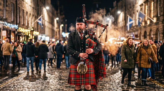 Scottish bagpiper playing traditional music on a wet street during Hogmanay