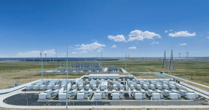 Aerial Close-up of Battery Energy Storage Power Station in Arid Grassland
