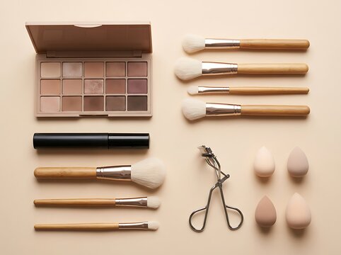 Set of makeup products with eyeshadow palette, cosmetic brushes, eyelash curler and sponges for beauty. beginner makeup guide
