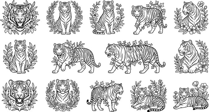 Tiger Illustration Set: Majestic Felines in Floral Wreaths, Line Art Design