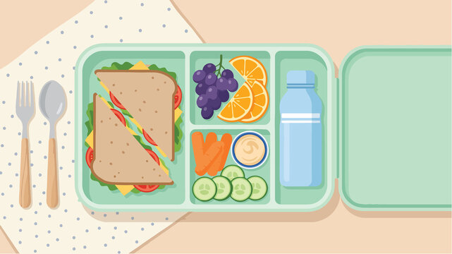 Top view illustration of a healthy balanced school lunch box with a fresh sandwich grapes orange slices and crisp vegetable sticks