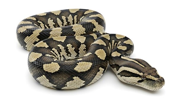 Large patterned python coiled on a white background