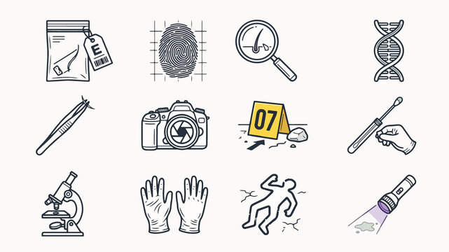 Forensic Investigation and Crime Scene Evidence Collection Equipment Icon Set for Criminalistic Analysis and Laboratory Research