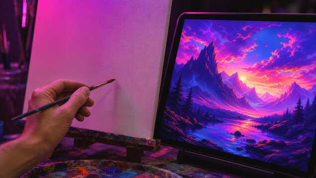 Hand holding paintbrush near blank canvas with digital screen showing vibrant mountain landscape at sunset, inspiring creativity