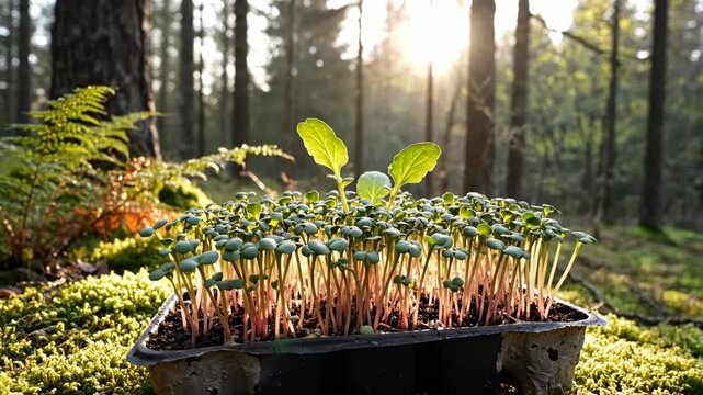 Forest sunrise illuminates tender microgreen seedlings rising from a weathered reclaimed nursery tray on moss, blending compact food cultivation with resourceful low-waste gardening outdoors