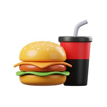 3D icon of a tasty cheeseburger and soft drink cup with cheeseburger hamburger delicious isolated