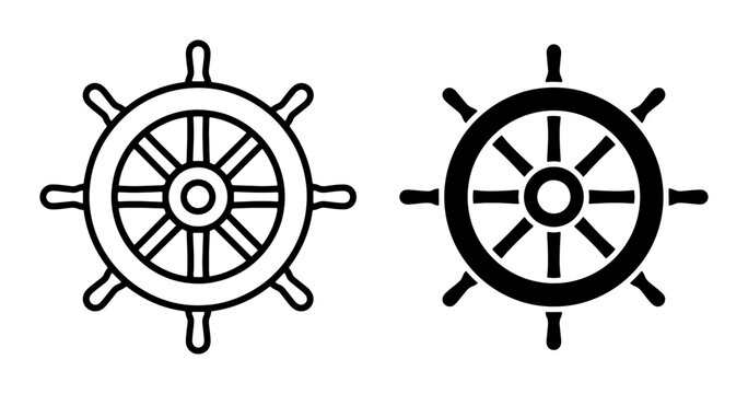 Nautical Ship Wheel Icons, Marine Helm Vector Graphics, Maritime Steering Wheel Symbols, Set of Two