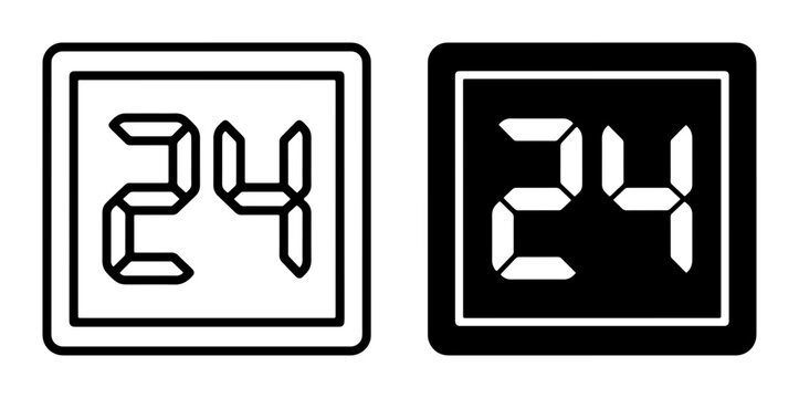 24 Hour Service Icons, Digital Display Numbers, Round-the-Clock Availability Symbols, Modern UI Elements, Black and White Graphics