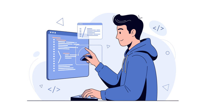 Programmer Coding on Computer, Software Development Concept, Young Man Working in IT Industry