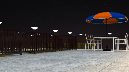 Modern rooftop terrace 3D render with outdoor dining furniture, patio umbrella, safety railings, decorative lighting, and a beautiful night sky for architectural visualization © Krishnarup