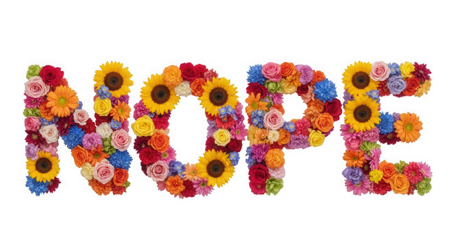 The word Nope spelled out with bright colorful fresh spring flowers isolated on transparent background