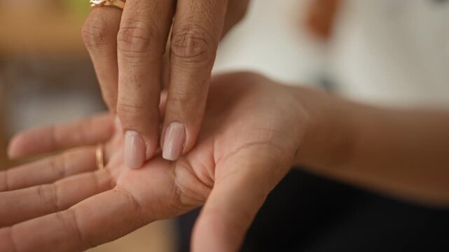 Woman holding pills on open palm, fingers pinching a capsule beside a bed in a bedroom, visible rings on hand and manicured nails; anxiety recovery.