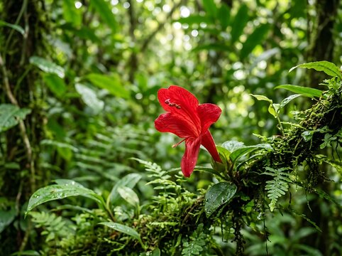 A vibrant red tropical flower blooms in the middle of a lush green rainforest with soft natural light filtering through the dense foliage