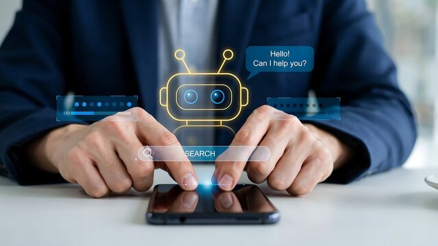 Person using a smartphone with a chatbot interface and search bar