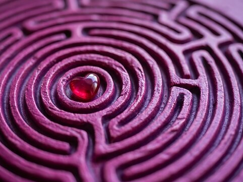 A small red heart shape resting in the center of a purple circular maze representing love and emotional challenges in personal life relationships