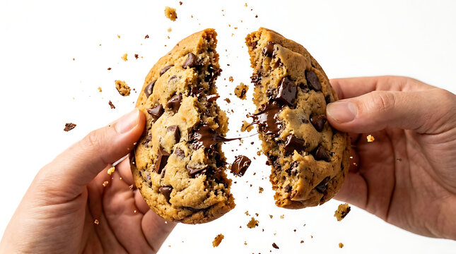 Studio shot of chocolate chip cookie breaking with melted chunks