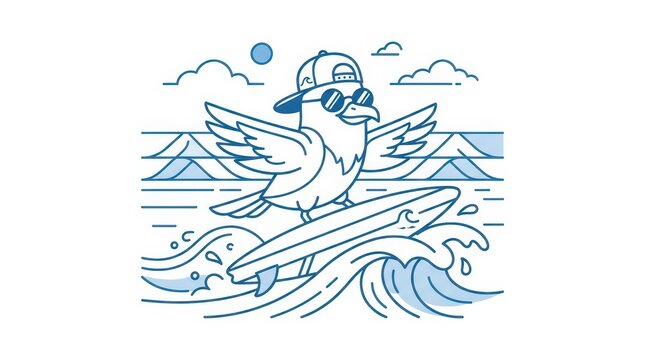Cool surfing seagull wearing sunglasses and a backwards cap riding a wave