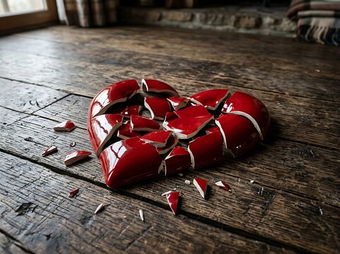 A shattered glossy red heart lying on a rustic dark wooden floor representing emotional pain heartbreak loss and the end of a relationship