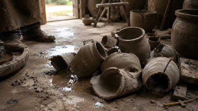 Broken clay pottery pieces scattered on muddy floor in traditional artisanal workshop studio space with displays collection discarded fractured clay vessels resting damp