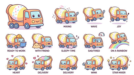 Naklejka premium Cute Cement Mixer Character Set: Emotions and Actions, Isolated