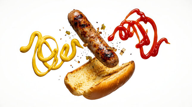 Hot dog sausage and bun flying apart on white background
