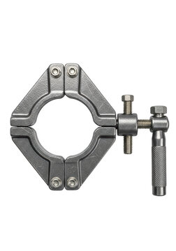 Heavy duty metal pipe clamp tool with adjustable screw for plumbing and industrial repair work isolated on transparent background