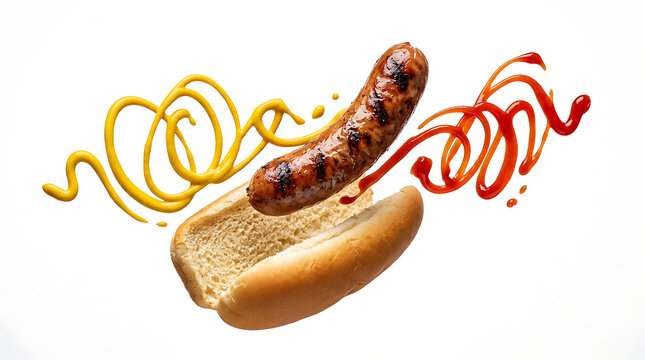 High speed shot of exploded hot dog sausage on white background