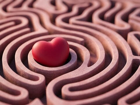 A single red heart shape sitting in the center of a complex stone maze representing love and the difficulty of finding true romance