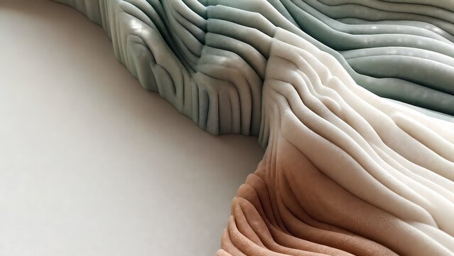 Layered flowing wavy ridges in pastel sage green cream and pink tones abstract topographic sculptural background