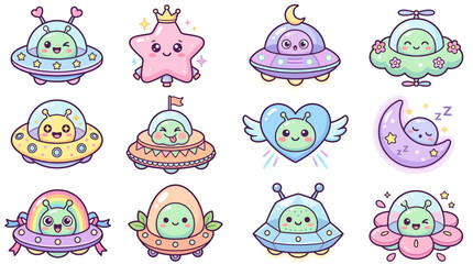 Cute Kawaii Aliens and UFOs, Stars, Moon, Heart - Sticker Pack © Titip