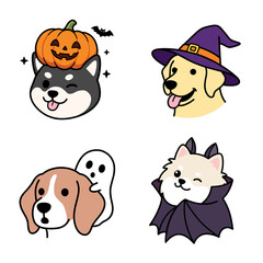 Cute Halloween dog face illustration set (Shiba Inu, Golden Retriever, Beagle, Pomeranian)