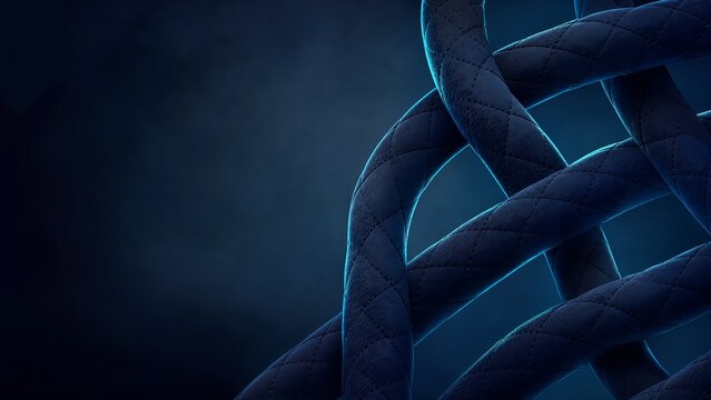 Glowing teal blue twisted helical ribbons spiraling strands on dark background futuristic abstract