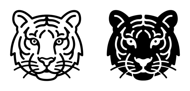 Tiger Head Vector Icons, Bold Black and White Line Art, Fierce Feline Faces for Wildlife and Branding
