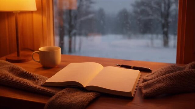 Cozy winter notebook on wood desk by window with lamp cup and pen, warm home scene with open book, quiet reading writing mood, snowy view, knitted blanket evening ambiance