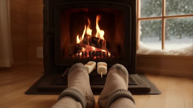 Cozy winter scene by fireplace with feet in wool sock on wooden floor near snowy window, warm fire glowing in cabin, calm holiday comfort, marshmallow mood