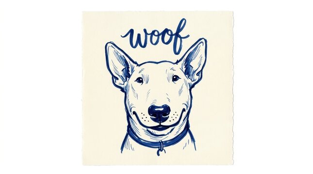 Bull terrier dog portrait with the word woof, handdrawn sketch illustration isolated on white background