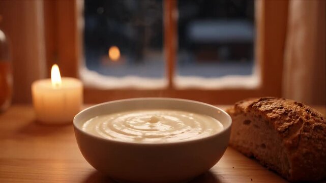 Cozy winter soup bowl by candlelight beside bread wooden table near window, cozy winter bowl of creamy soup by candlelight near bread wooden table with soft window view, cozy winter soup bowl with