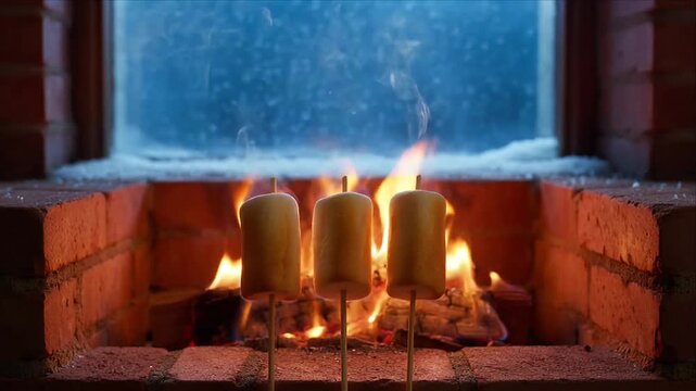 Cozy winter fire with marshmallow over brick hearth by frosted window, warm glow in rustic room with cozy fireplace and winter frost mood