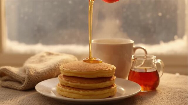 Cozy winter breakfast pancake stack with syrup near mug and glass pitcher white plate and towel warm light, pancake stack maple syrup winter morning cozy breakfast hot drink table cloth by window