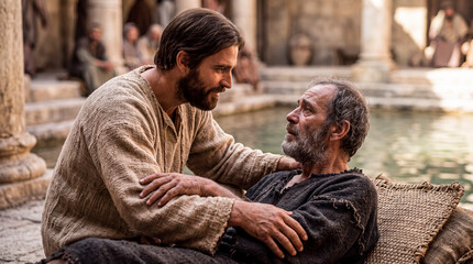 Obraz premium Jesus speaking with a sick man beside a pool of Bethesda.