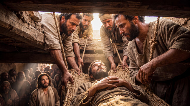 Four men lowering their paralyzed friend through a roof into a crowded house so that Jesus can heal him.