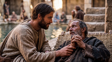 Obraz premium Jesus speaking with a sick man beside a pool of Bethesda.